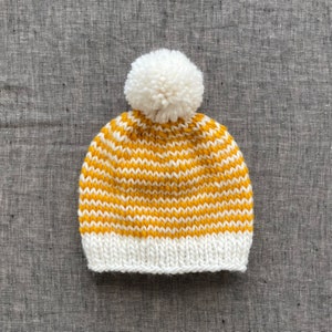 Striped Mustard & Off White Pompom Beanie Warm Winter Hat Baby to Adult Sizes Available image 3