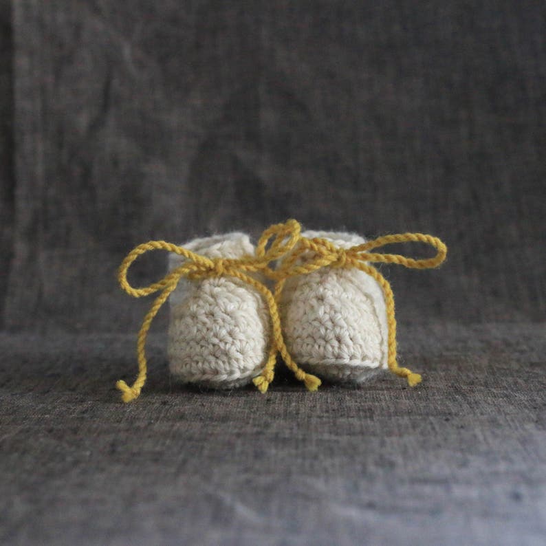 Off White and Mustard Yellow Baby Alpaca Booties with Ties 0 to 3 or 3 to 6 Month Sizes image 2