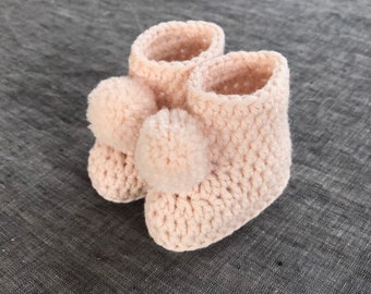 Light Pink Baby Girls Crochet Pompom Booties - 0 to 3 Months