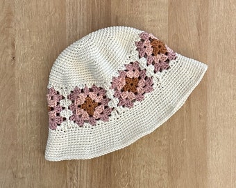 Granny Square Sun Hat - Cotton Summer Bucket Hat - Beach Hat - Pink + Burnt Sienna