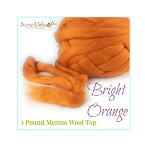 Chunky Merino Yarn, 1 lb Bright Orange Merino Wool Top, Orange Wool for Felting, Pumpkin Orange Art Supply, Natural Materials for Crafts image 1