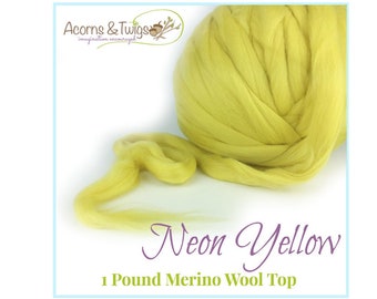 Bulky Yarn, 1 pound Neon Yellow Merino Wool Top, 27 micron yellow wool, Bright Yellow Felting Wool, Giant Knitting, Chunky Merino Yarn,