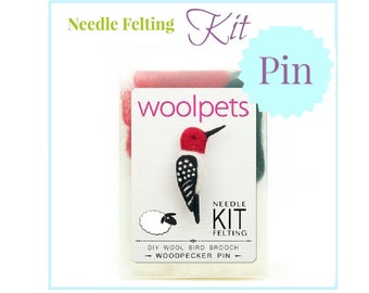 Needle Felting Kit // Woodpecker Pin // Animal Needle Felting // Beginner Animal Felting Kit // WoolPets // Wool Craft