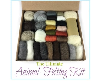Animal Felting Kit - Batt - Roving - Top - Natural Colors - Undyed - Organic Core Wool - Brown, Grey, White, Beige Sheep Wool