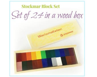 24 Stockmar Wax Crayon Blocks - in a wood box, Drawing Supplies, Beeswax Blocks, Beeswax Crayons, Waldorf Supplies, Waldorf Homeschooling