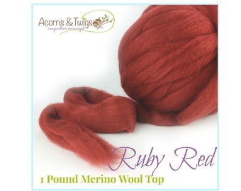 Spinning Wool Roving, 1 lb Ruby Red Merino Wool Top, Wool for Spinning Yarn, Felting Roving, Nuno Felting Fiber, Dark Red Top Wool, Spinning