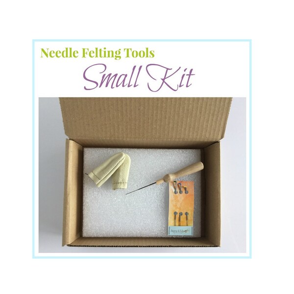 Needle Felting Kit Beginner - Small - Tool Set for Needle Felting - Foam, Wooden Handle, 4 needles, Leather Protective Finger Gloves