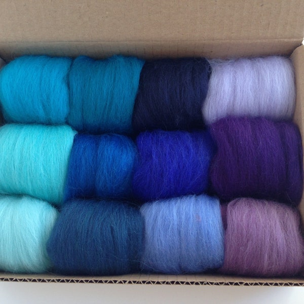 Wool Top Set for Felting, Blue Tones Set - 12 colors of South American Merino Wool Top/Roving (5g each) 2 oz total