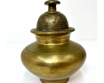 Vintage Brass Ganga Jal Lota & Bell Lid – Hand-Engraved Indian Hindu Ritual Jar