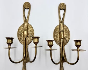 Vintage Brass Wall Sconce Candle Holders Pair Double Arm Bow Tassel Rosette 13"