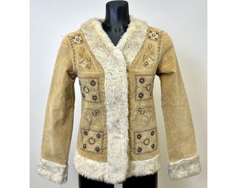 Vintage Penny Lane 1970s Embroidered Corduroy Faux Shearling Boho Jacket