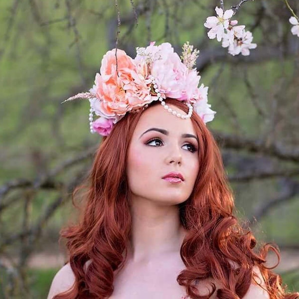 Bridgerton Ball Headpiece, Peach Blossom flower crown, Regency flower crown, spring hair accessory, Pink Floral Fascinator, Valentine crown