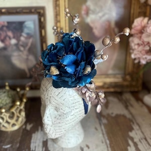Green teal, purple flowers on a gold woven base fascinator Garden Symphony Feather Fascinator Hat in Lavender Turquoise  main image 3