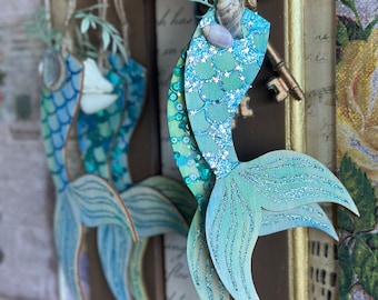 Mermaid Ornaments, Seashell Mermaid tail Christmas tree ornaments, Mermaid decor, glittering Teal mermaid scale ornaments, Nautical holiday