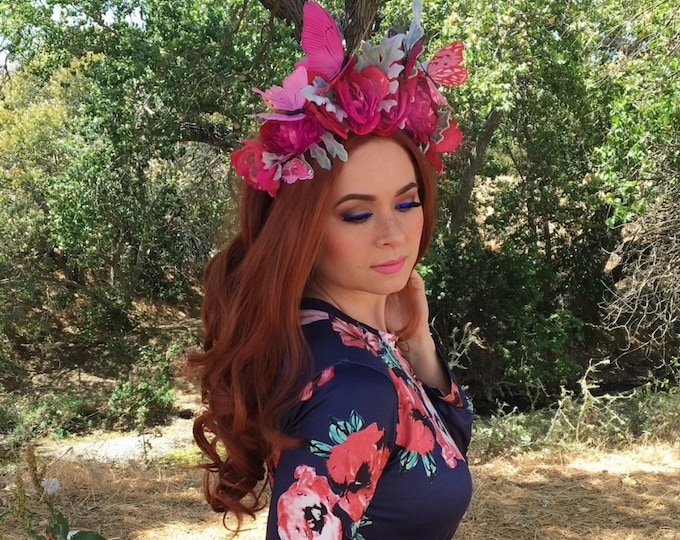 Bright Pink Ranunculus Crown, Butterfly headpiece, Camelia and Butterfly Crown, fairy flower crown, Fairycore, Rennaissance Fair, elven