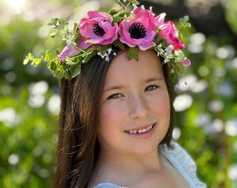 Valentine Flower halo, Spring Anemone Fairy Crown, flower girl crown, pink bridal Halo, Flower Crown, Satin tie floral crown, boho headpiece