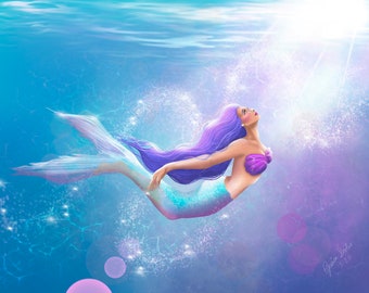Mermaid Painting , pastel mermaid, mermaid decor, transforming mermaid painting, digital 8x10 print, The little mermaid, under the sea art