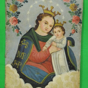 Antique 1800s Our Lady Refuge of Sinners Mexican Tin Retablo