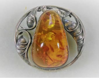 Vintage Baltic Amber Sterling Silver Brooch