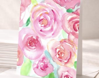 Set di 10 biglietti d'auguri, rosa cipria ad acquerello, formato verticale 5x7, interno vuoto.