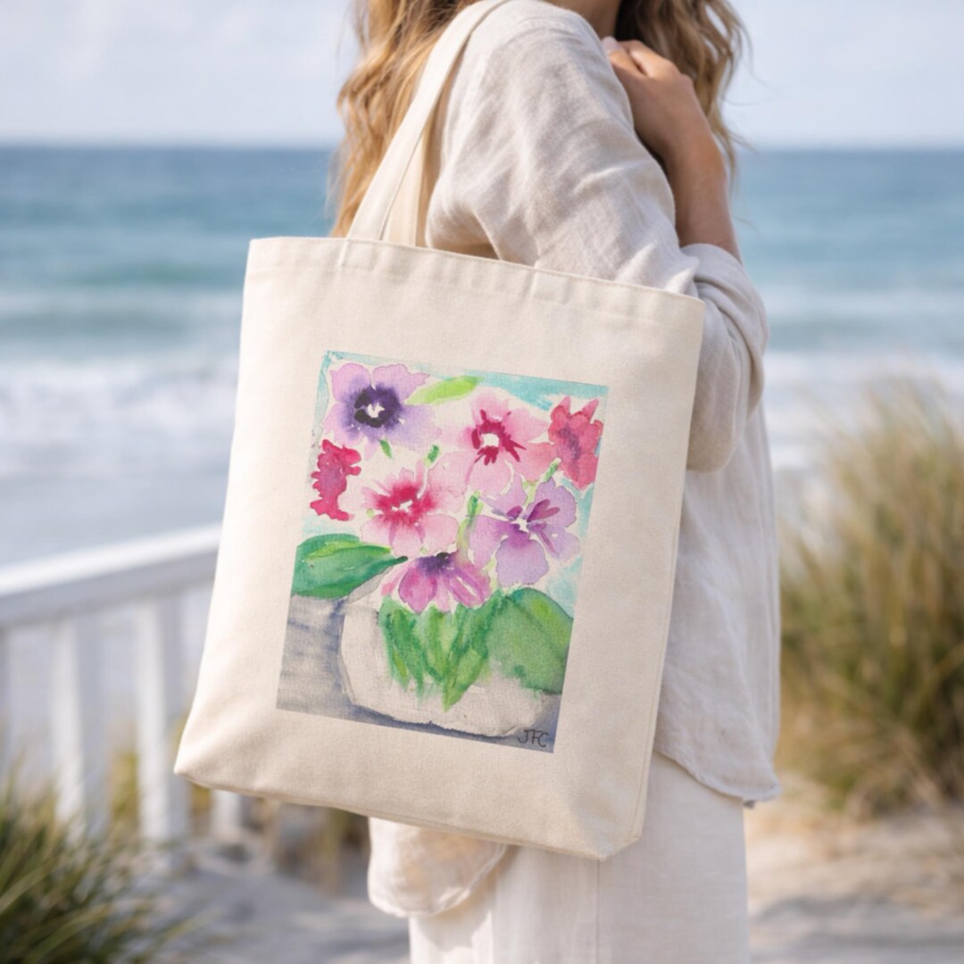 Watercolor Floral Tote Bag Cotton Canvas Pink Purple Botanical - Etsy