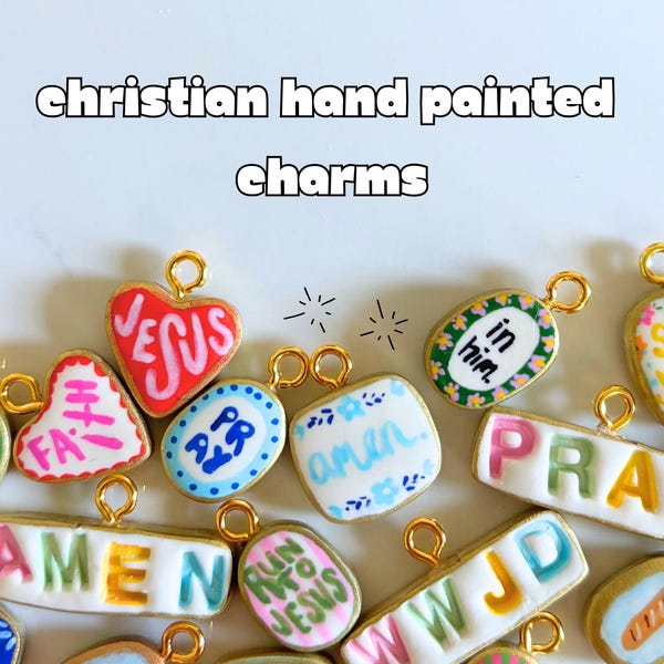 Hand-Painted Christian Charms | Polymer Clay Charms | Religious Necklace Pendant | Handmade Jewelry | Cute Jesus Cross | Gold Charm Bar