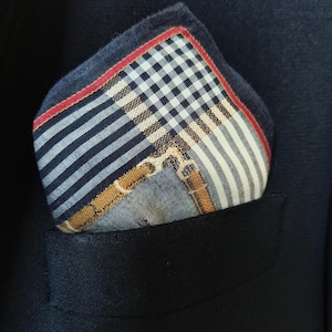 Peut inclure: Un mouchoir de poche à carreaux noir et blanc avec une bordure rouge et un motif or et bleu. Le mouchoir de poche est plié et placé dans la poche d'une veste de costume.