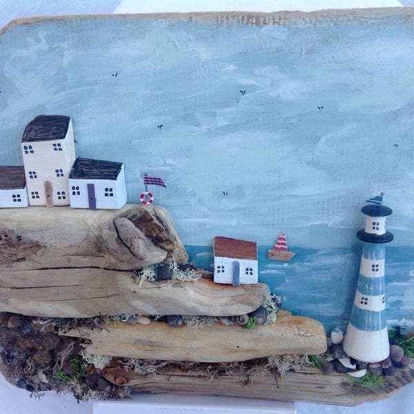 Clifftop seascape; wooden houses; driftwood cottages; lighthouse; bathroom art; handmade original art; birthday present for beach lover