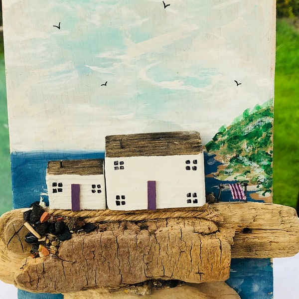Houses by the sea - driftwood art- washing line and mountains