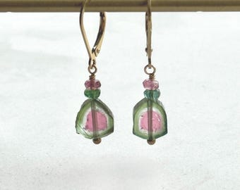 Watermelon Tourmaline Slice Earrings: Gold Filled Dangle Gemstone Jewelry