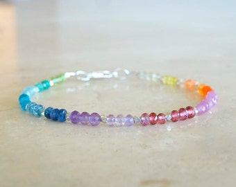Rainbow gemstone bracelet, Ombre rainbow mixed multi color semi precious with Sapphires, Emeralds, Amethyst gift for her