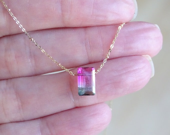 Featured listing image: Watermelon tourmaline necklace and solid 14K gold, Mother's day gift for her, Authentic bi-color tourmaline baguette pendant