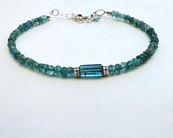 Ombre Teal Blue Tourmaline Bracelet: Sterling Silver or Gold Filled, October Birthstone handmade beaded