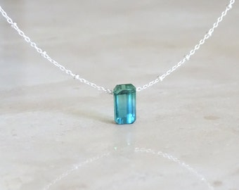 Blue Tourmaline necklace solid 14K gold, Birthday gift for her, Indicolite baguette jewelry, Gemstone necklace, Mother's day gift