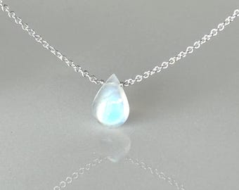 Rainbow Moonstone Teardrop Necklace, Sterling Silver Chain