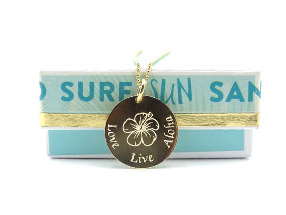 Personalized gift for her, Love Live Aloha necklace, Custom Birthday gift silver or gold filled, Engraved Hibiscus Hawaiian jewelry