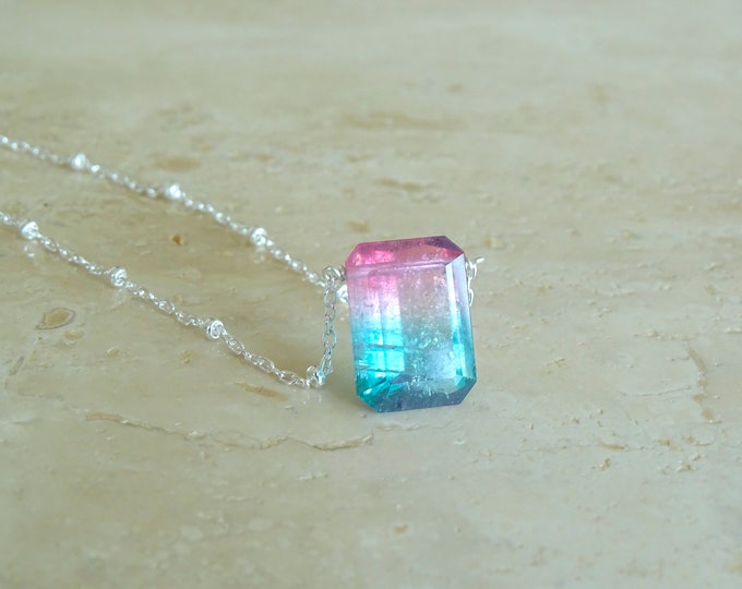 Featured listing image: Incredible Blue and Pink Tourmaline necklace 14K gold, Birthday Gift for her, Emerald cut Tricolor gemstone baguette jewelry