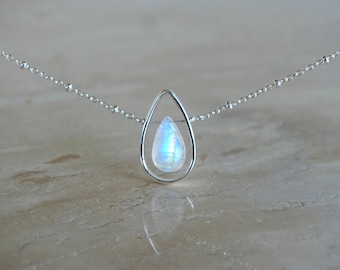 Rainbow Moonstone Necklace in Sterling Silver frame, Birthday, Mother's day gift for her