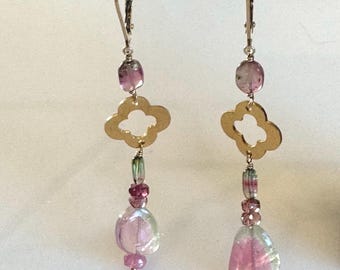 Watermelon Tourmaline Slice Earrings: Gold Filled Dangle Gemstone Jewelry