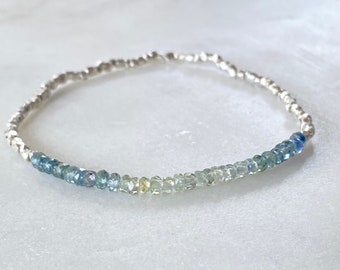 Montana Sapphires bracelet, September birthday gift for her, ultra dainty teal blue elastic jewelry