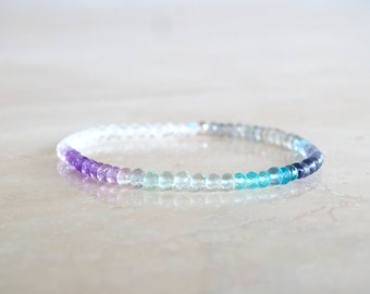 Ombre gemstone bracelet, Mixed multicolor semi precious elastic with Aquamarine, Topaz, Sapphires, Moonstone,  for her