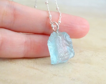 Raw Aquamarine necklace,  March birthstone, march birthday gift for her, rough crystal gemstone pendant in sterling silver