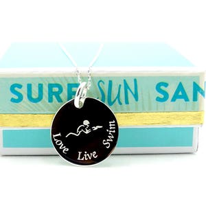 Love Live Swim, Sterling Silver Necklace for swimmer, Custom Gift For Swim coach,  Birthday gift
