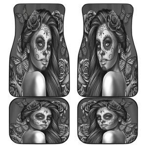 Calavera (Day Of The Dead / Dia De Los Muertos) Halloween Skull Design #2 (Vintage Retro) Car Floor Mats Set (2 Front, 2 Back)