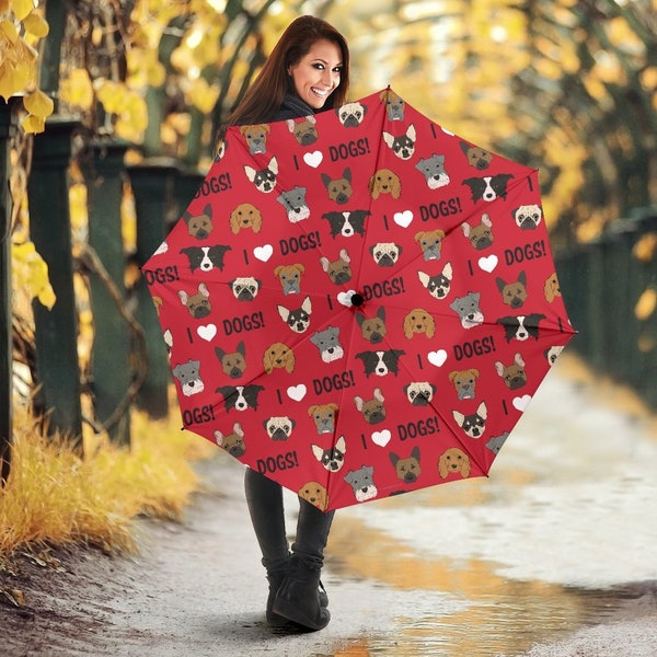 I Love Dogs Semi-Automatic Umbrella (Red) - Great Gift For Dog Lovers