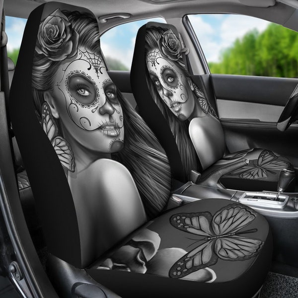 Calavera (Day Of The Dead / Dia De Los Muertos) Halloween Skull Design #2 Pair Of Micro Fiber Car Seat Covers (Vintage Retro)