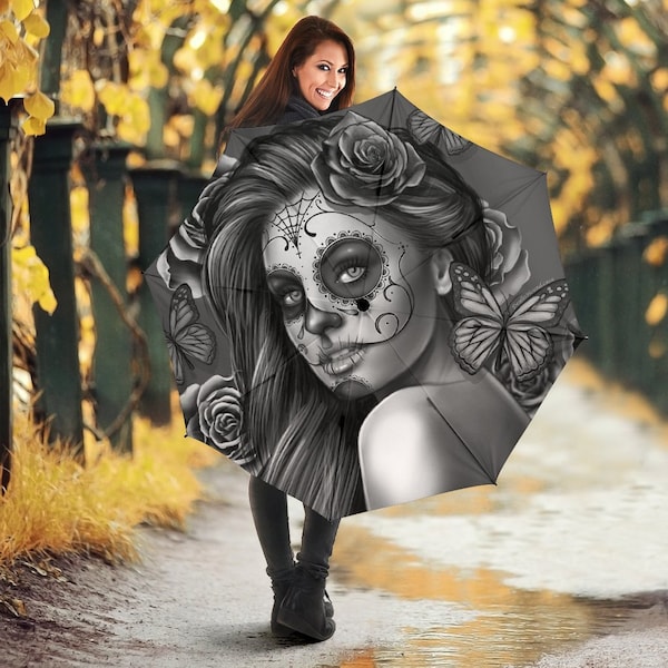 Calavera Semi-Automatic Umbrella (Day Of The Dead/Dia De Los Muertos) Gothic Halloween Skull Design #2 (Vintage Retro)