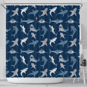 Divertida cortina de ducha de gato para el baño de los niños, diseño de  ballena y tiburón sobre olas del océano, cortinas de ducha de tela de