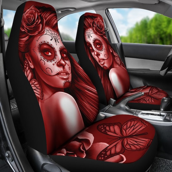 Calavera (Day Of The Dead / Dia De Los Muertos) Halloween Skull Design #2 Pair Of Micro Fiber Car Seat Covers (Red Freedom Rose)