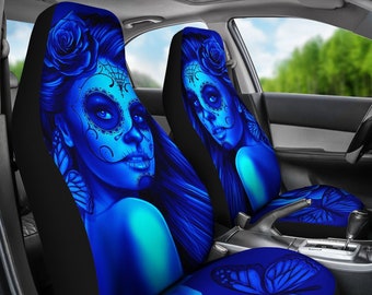 Calavera Car Seat Covers: Day of the Dead, Blue Rose Design (Set of 2)